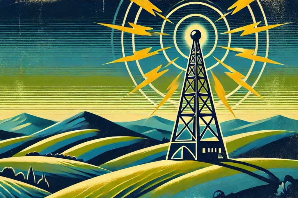 An illustration of a large radio tower among rolling fields.